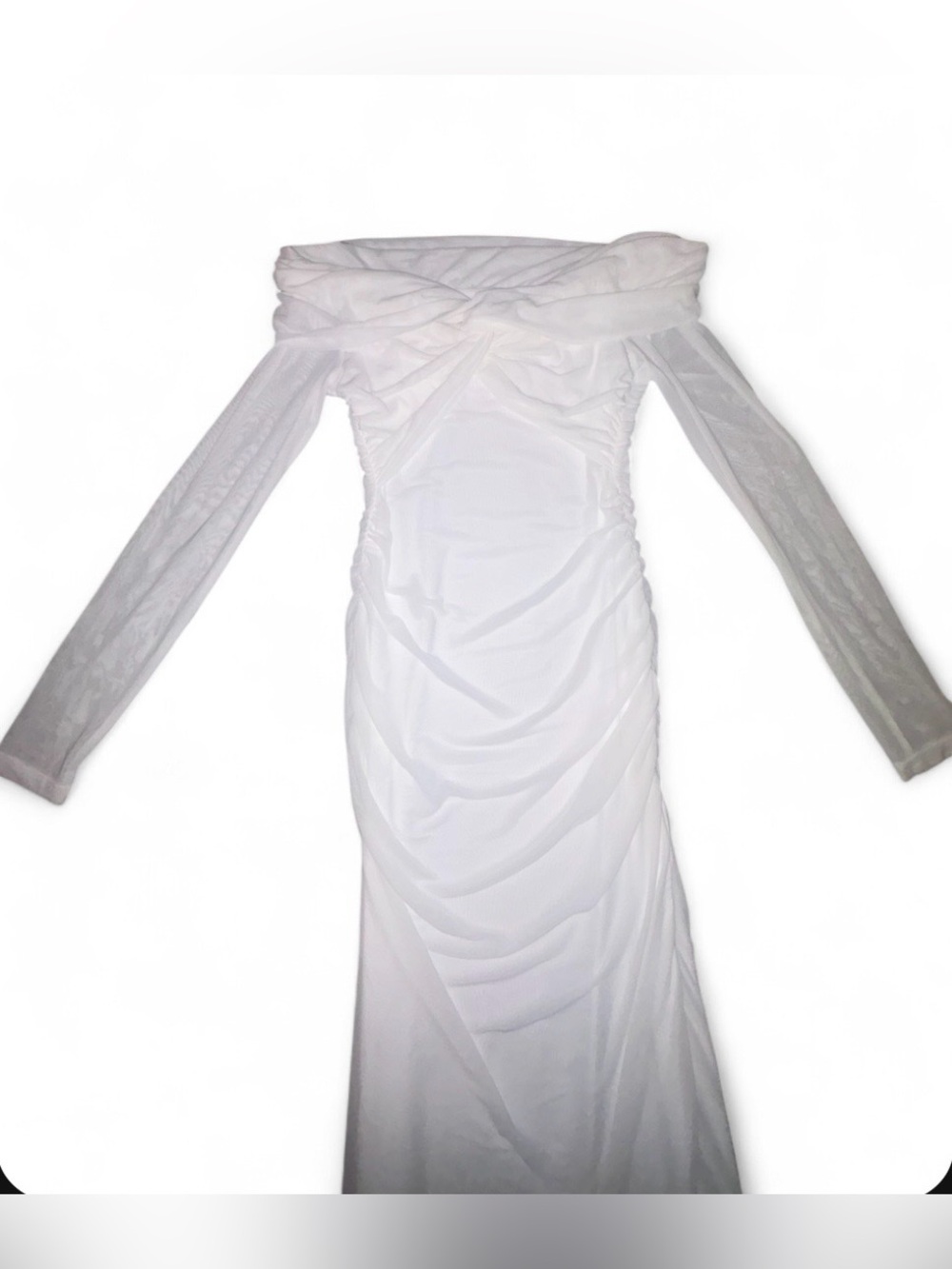 COLYSMO NWT White Ruched Mesh Off Shoulder Maxi Dress - Size M